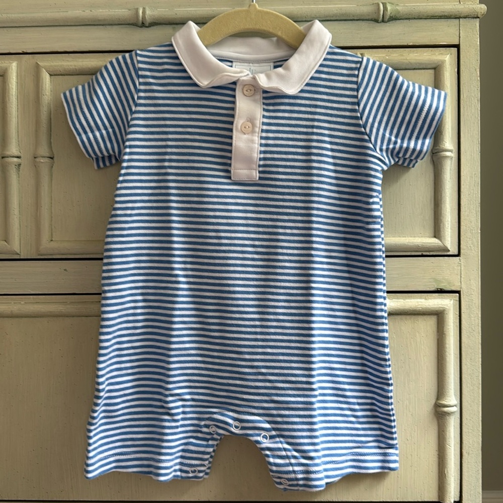 Little English Polo Romper, Blue Stripe